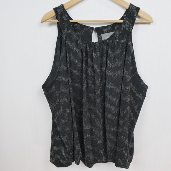 Anthropologie Shimmer Carly Bubble Hem Blouse Sz L Black Silver Metallic Zig Zag - Picture 2 of 12